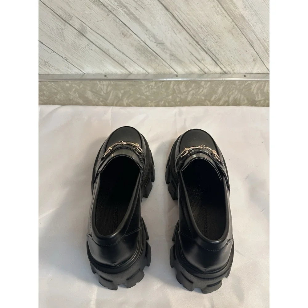 Princess Polly Shoes Womens 7 Black Vegan Leather Bit Loafer Lug Sole Chunky